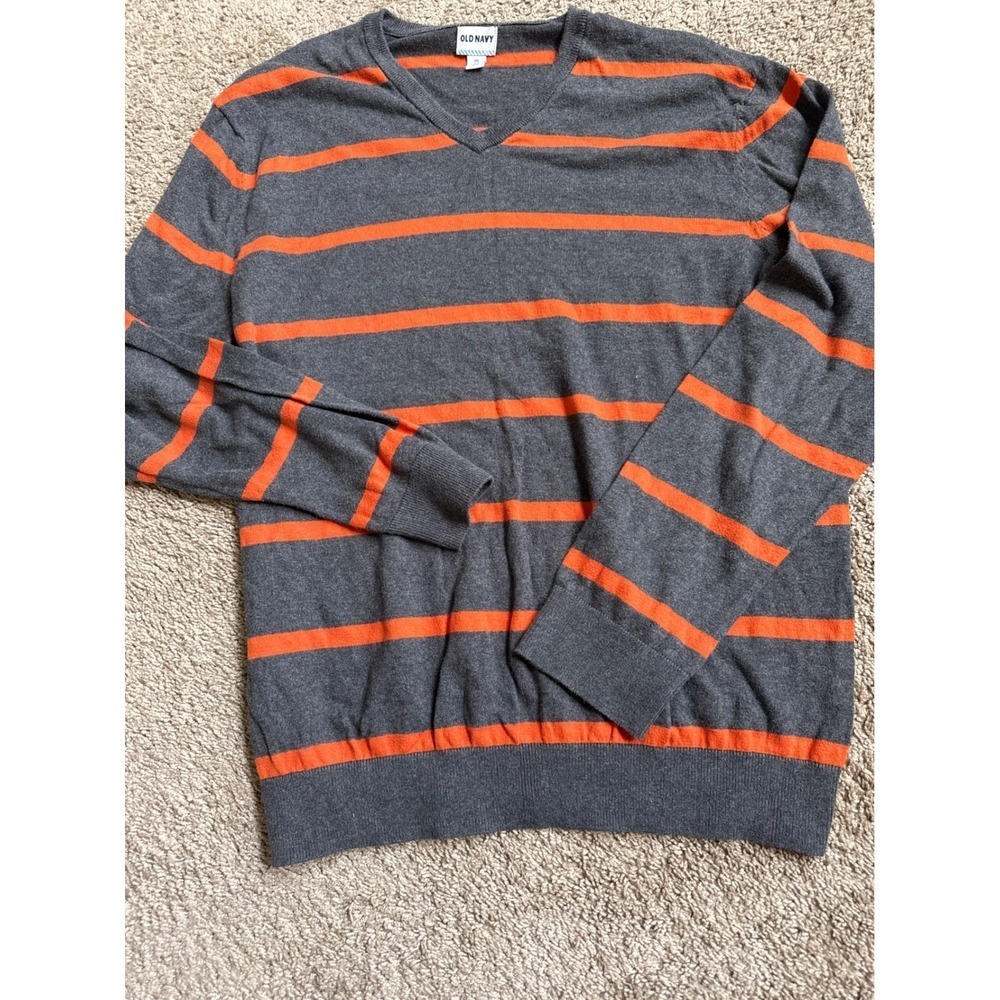 Old Navy Mens XXL Sweater Gray Orange Striped V Neck Long Sleeve Casual